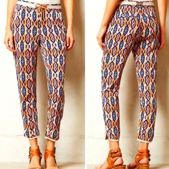 ANTHROPOLOGIE Pilcro Blue Pink Paz Ikat Waist Tie Ankle Slim Leg Pants Size 31 - Picture 1 of 8